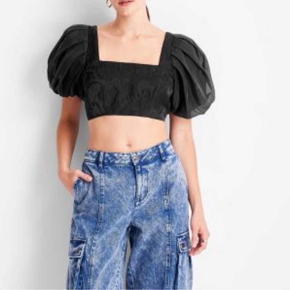 🖤Puff Short Sleeve Organza Cropped Blouse - Future Collective™ Womens Size 14🖤